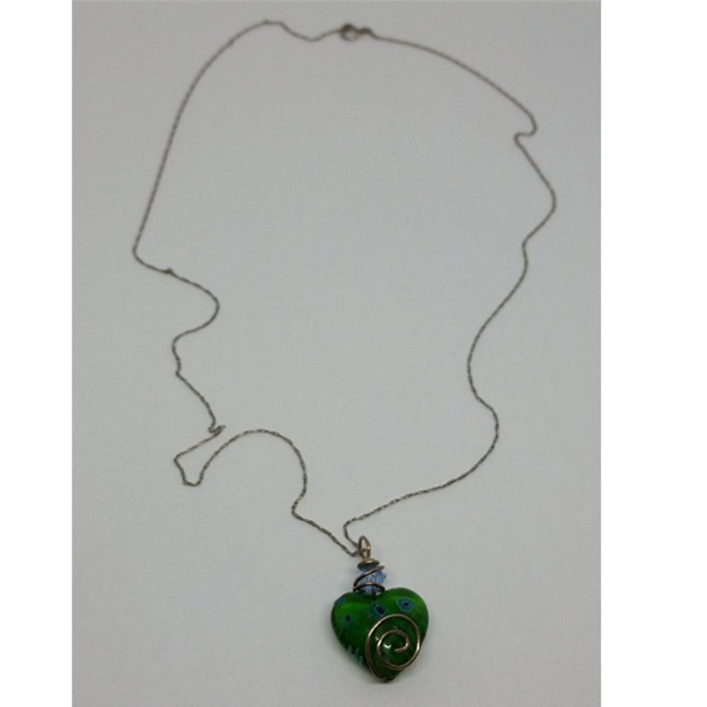 Puff heart artisan sterling silver green millefiori murano glass necklace boho